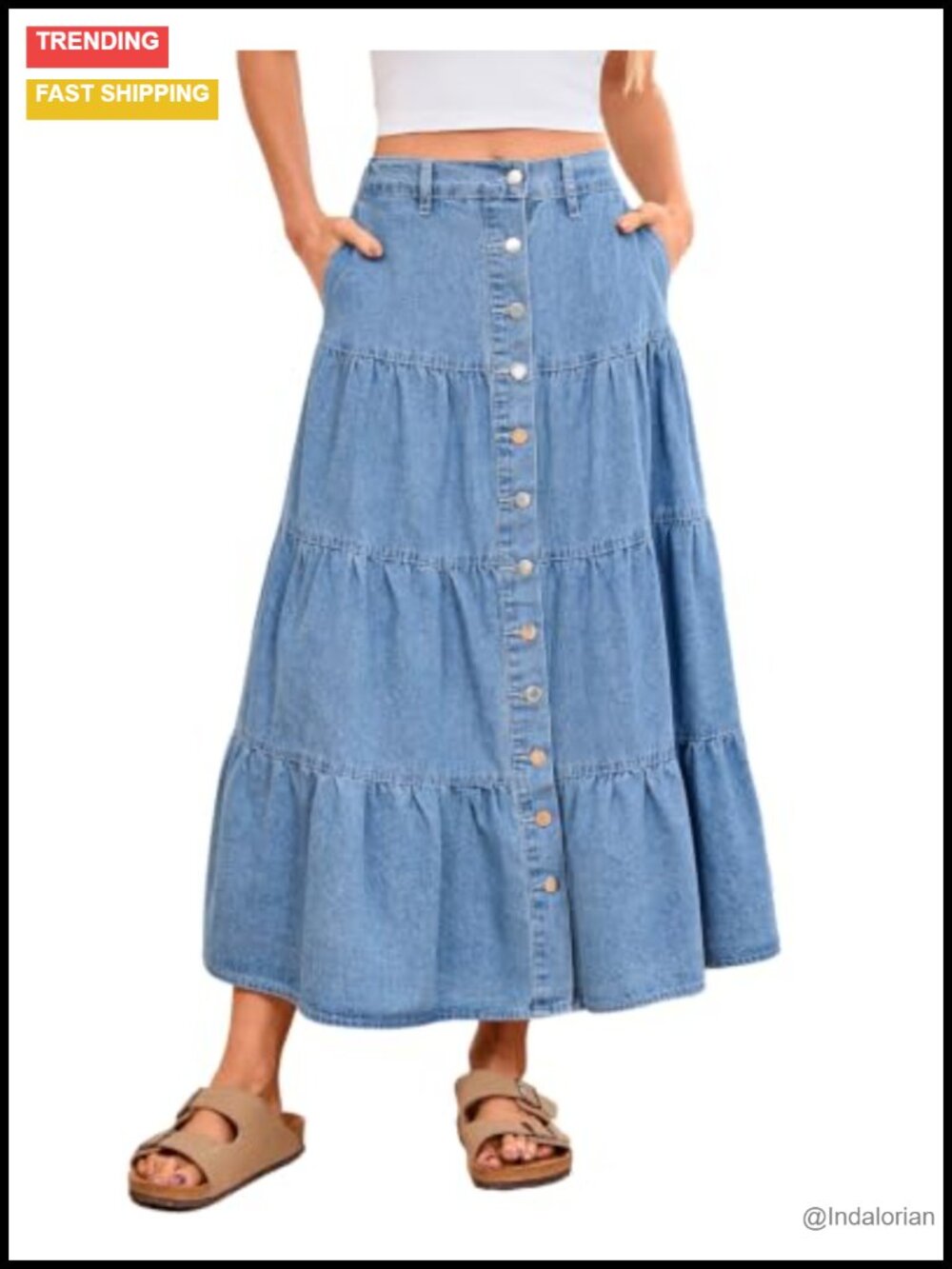 Women's Denim Maxi Skirt Tiered Flowy Long Jean Skirt 65% Cotton